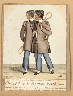 view Chang and Eng the Siamese twins, aged eighteen, with badminton rackets. Coloured engraving by JLB, 1829.