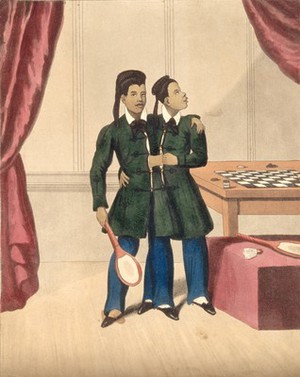 view Chang and Eng the Siamese twins, in a games room. Coloured engraving.