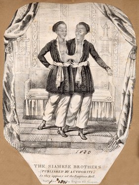 Chang and Eng the Siamese twins, in an oriental setting. Lithograph, 1830.