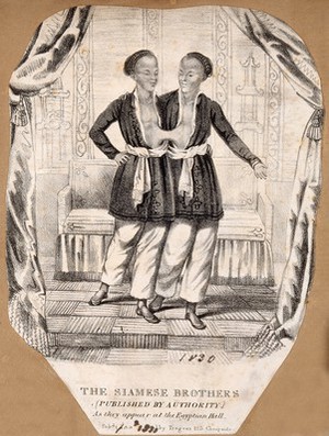 view Chang and Eng the Siamese twins, in an oriental setting. Lithograph, 1830.