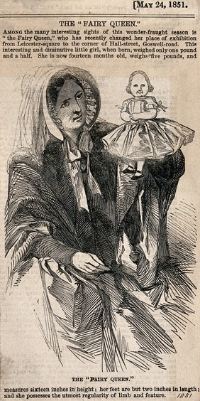 A tiny girl, known as the Fairy Queen, fourteen inches high, with her mother. Wood engraving, 1851.