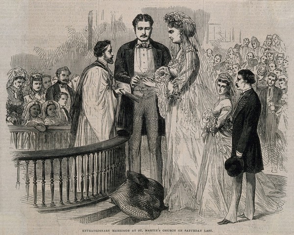 The marriage of Captain Martin van Buren to Anna Swan. Wood engraving, 1871.