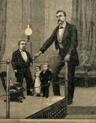 Lucia Zarate and General Mite, two dwarfs, with a giant and their exhibitor. Wood engraving by W.I. Mosses after F. Dadd.