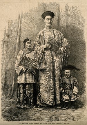 view Chang Yu-sing the Chinese giant, with his wife, King-Foo and Chung Mow, a dwarf. Wood engraving, 1865.