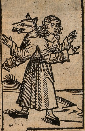 view A creature with two heads, one of a wolf, the other human. Woodcut, c.1495.