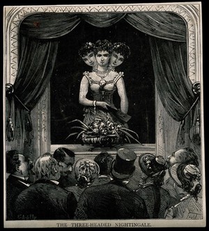 view A performance by the "three-headed nightingale" (supposedly a woman with three heads). Reproduction of a wood engraving by E.A. Tilly.