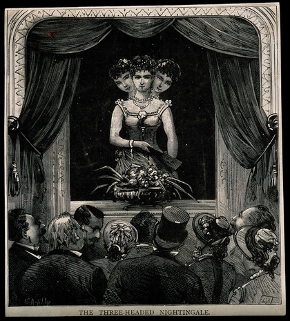 A performance by the "three-headed nightingale" (supposedly a woman with three heads). Reproduction of a wood engraving by E.A. Tilly.