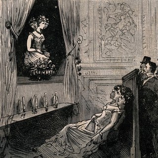 A performance by the "three-headed nightingale" (supposedly a woman with three heads), seen from the side, revealing the trick whereby the appearance of three-headedness was achieved. Reproduction of wood engraving by E.A. Tilly.