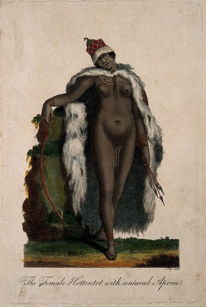 view A "Hottentot" woman with large labia pudendi. Coloured engraving by J. Pass.