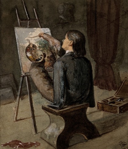 A painter born without arms who paints with his feet. Watercolour.