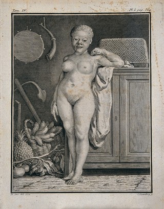 An albino woman of African descent, with white instead of black skin. Engraving by C. Guttenberg after J. de Sève, 1777.