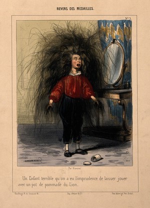 view A boy with incredibly long hair growing from his head and hands as a result of playing with a hair restorer. Coloured lithograph by P. Gavarni.