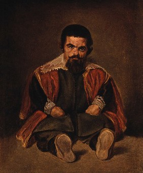 A dwarf at the court of King Philip IV of Spain. Colour print after D. Velazquez, 1648(?).