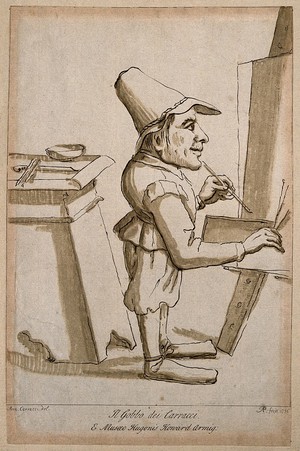 view A male dwarf, painting. Colour etching by A. Pond, 1736, after A. Carracci.