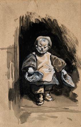 A dwarf, or perhaps a child begging. Gouache drawing.