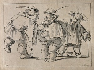view Three male dwarfs. Lithograph by F. Piloty after J. Callot.