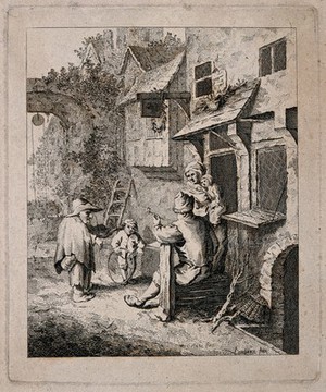 view A male dwarf, playing the violin to a family in a rural setting. Etching by P.S. Lamborne after A. van Ostade.