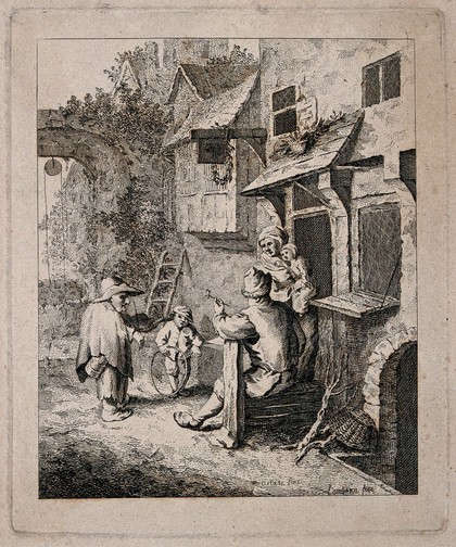 A male dwarf, playing the violin to a family in a rural setting. Etching by P.S. Lamborne after A. van Ostade.
