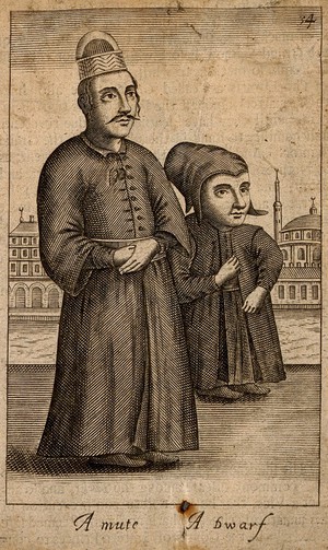 view A mute man and a dwarf, with Turkish buildings in the background. Line engraving.