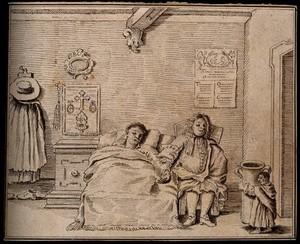 view A dwarf carrying a large jug into a room where a person is ill in bed. Pen and ink drawing after a design attributed to P.L. Ghezzi.
