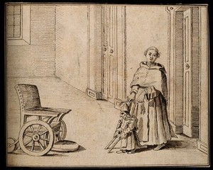 view A lame dwarf being helped to a wheelchair by a monk. Pen and ink drawing after a design attributed to P.L. Ghezzi.