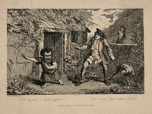 view A dwarf throwing away a knife and exclaiming to a startled man and a dog, amidst a rural setting. Etching after G. Cruikshank, 1836.