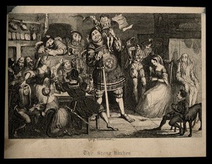 view A dwarf on the shoulders of a giant, in a rowdy inn. Etching by G. Cruikshank.