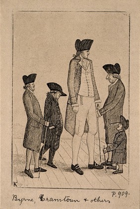 Charles Byrne, a giant, George Cranstoun, a dwarf, and three other normal sized men. Etching by J. Kay, 1794.