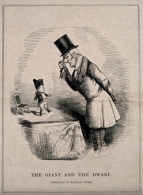 The Duke of Wellington observing the French premier Adolphe Thiers, who is represented as the dwarf General Tom Thumb (?) Lithograph by J. Leech, 1844 (?).