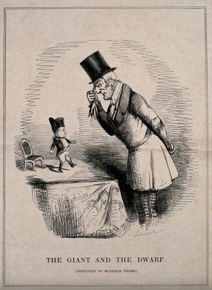 view The Duke of Wellington observing the French premier Adolphe Thiers, who is represented as the dwarf General Tom Thumb (?) Lithograph by J. Leech, 1844 (?).