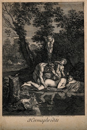 view Hermaphroditus asleep by a woodland lake, admired by a satyr with Cupid above. Engraving by B. Picart, 1693, after N. Poussin.