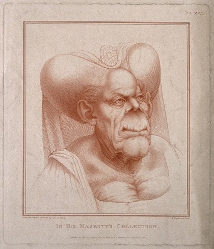 Head and shoulders of a hideous old woman wearing an escoffin over a wimple. Colour stipple engraving by B. Pastorini, 1806, after L. da Vinci.