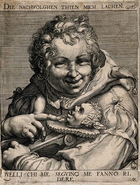 A laughing jester holding a fool's bauble with a grotesque face. Line engraving by D. Custos after H. Goltzius.