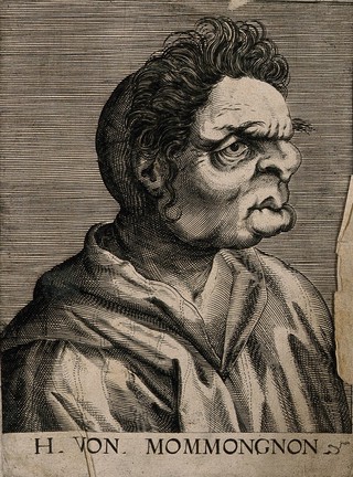 Herr von Mommongnon, a character with a grotesque face. Line engraving attributed to D. Custos.