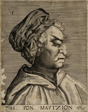 view Herr von Mautzion, a character with a grotesque face. Line engraving attributed to D. Custos.