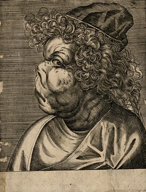 view Frau Gruniacula, a character with a grotesque face. Line engraving attributed to D. Custos.