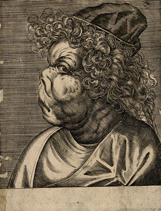 Frau Gruniacula, a character with a grotesque face. Line engraving attributed to D. Custos.