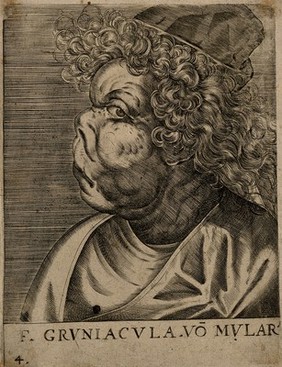 Frau Gruniacula, a character with a grotesque face. Line engraving attributed to D. Custos.