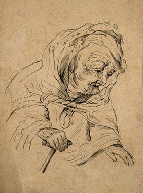 A very old woman. Pencil drawing after Rembrandt.