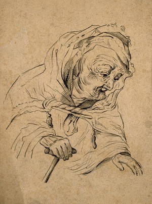 view A very old woman. Pencil drawing after Rembrandt.