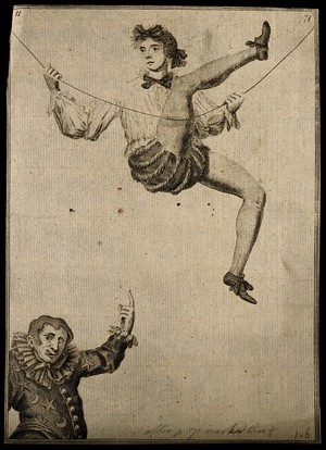 view A tightrope walker above a clown. Engraving after M. Laroon, 1688.