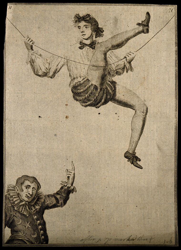 A tightrope walker above a clown. Engraving after M. Laroon, 1688. |  Wellcome Collection