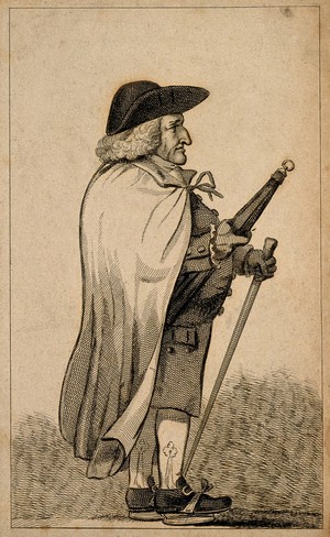 view A character dressed eccentrically, holding an umbrella and walking on raised shoes. Etching.