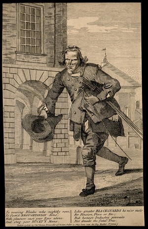 view John 'Buckhorse' Smith, a man who allowed people to hit him in exchange for a small sum of money. Etching.