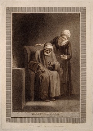 view A very old man, suffering from senility. Colour stipple engraving by W. Bromley, 1799, after T. Stothard.