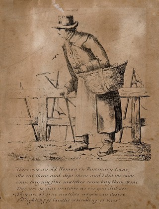 An old lady selling matches, with boat masts in the background. Soft-ground etching, 1801.