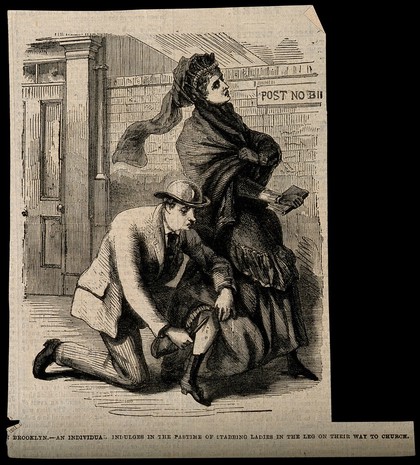 A man who stabs women in the leg. Wood engraving.