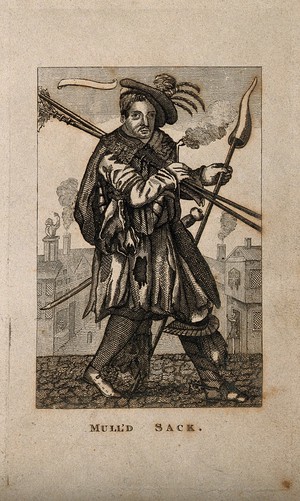 view A man in eccentric military costume, perhaps personifying mulled sherry. Etching.