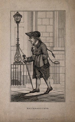 view Knickerbocker, an eccentric gentleman, on a city pavement. Etching.