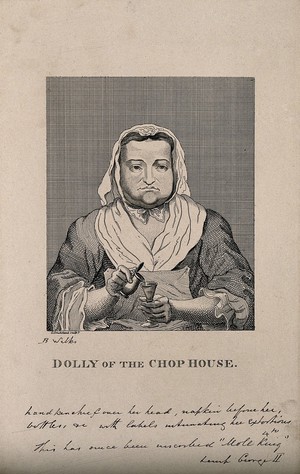 view Dolly, a proprietress of a restaurant specialising in steaks, mutton etc. Reproduction of an etching by B. Wilkes after G. Cruikshank.